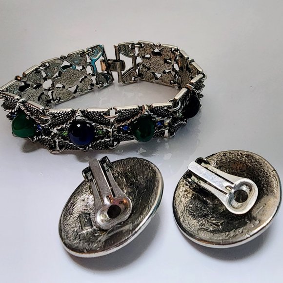 Vintage Sterling Silver Clip-On Earring and Bracelet Set with Lapis Lazuli - Picture 9 of 11